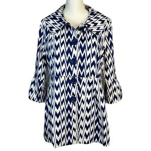 Eden Court Peplum‎ Jacket Sz L 3/4 Bell Sleeves Buttons Chevron Lightweight Blue
